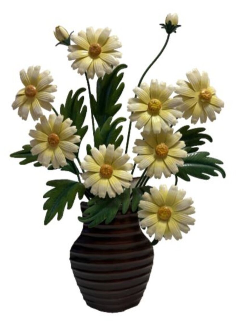 Metal Wall Art Sculpture 3D Daisy Yellow Flowers in Ribbed Vase 18.5" Tole Ware